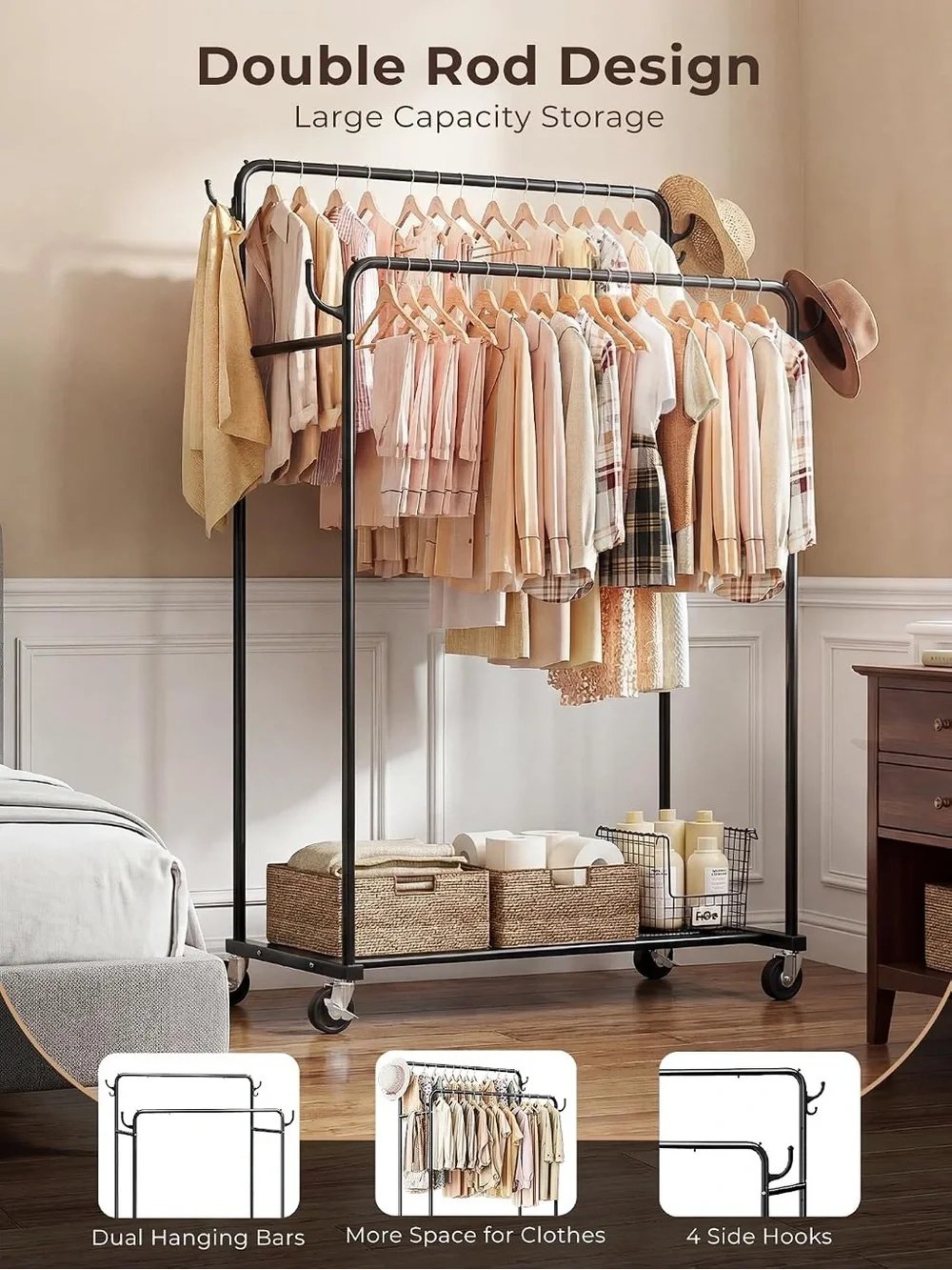 Adjustable Double Garment Rack in Black - Home Storage & Organization